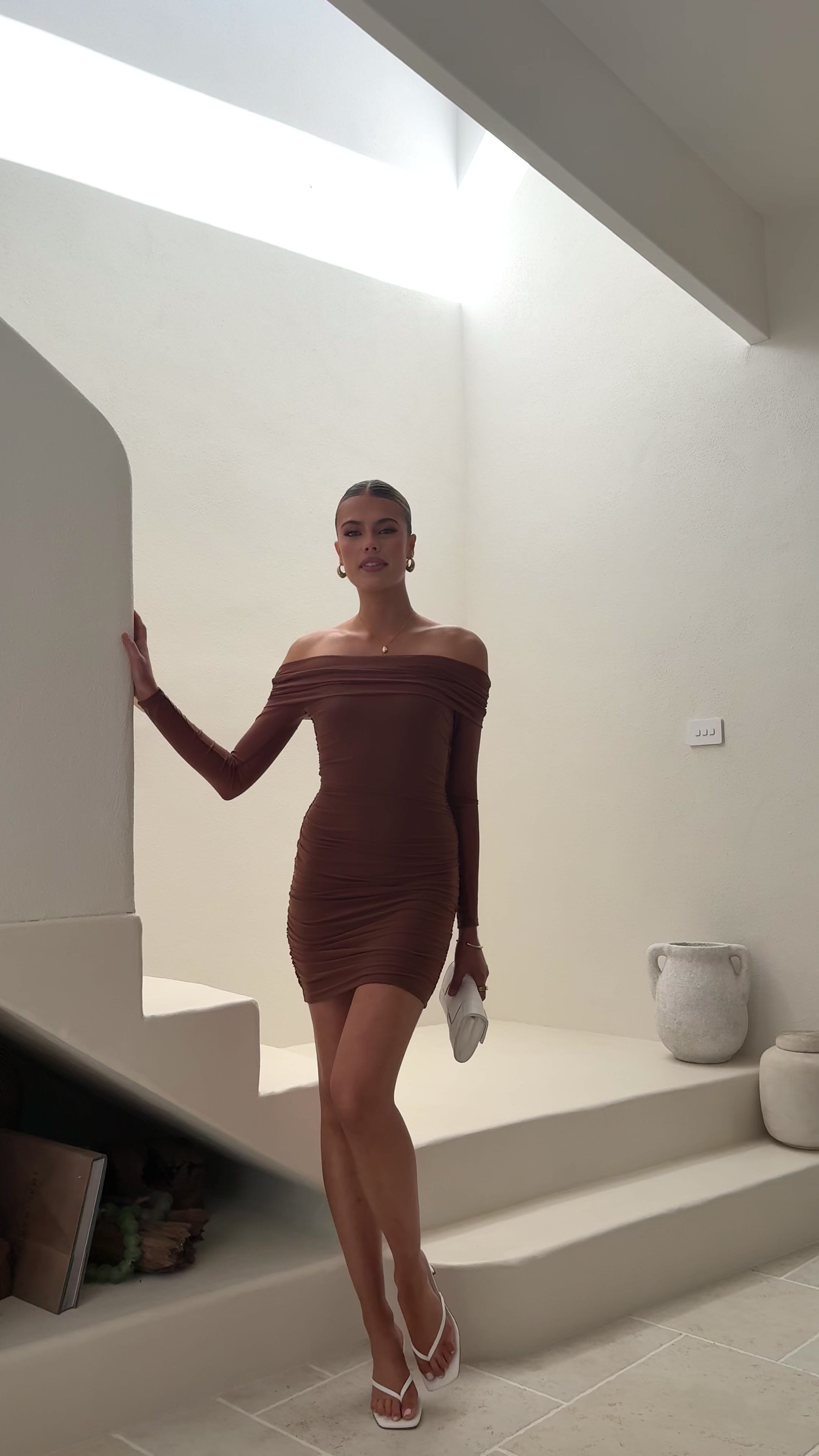 Isadora Off Shoulder Mini Dress - Chocolate